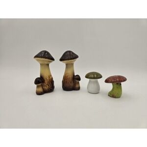 2 Sets Ceramic Vintage Mushroom Salt and Pepper Shakers 1 Mismatched Brown Green
